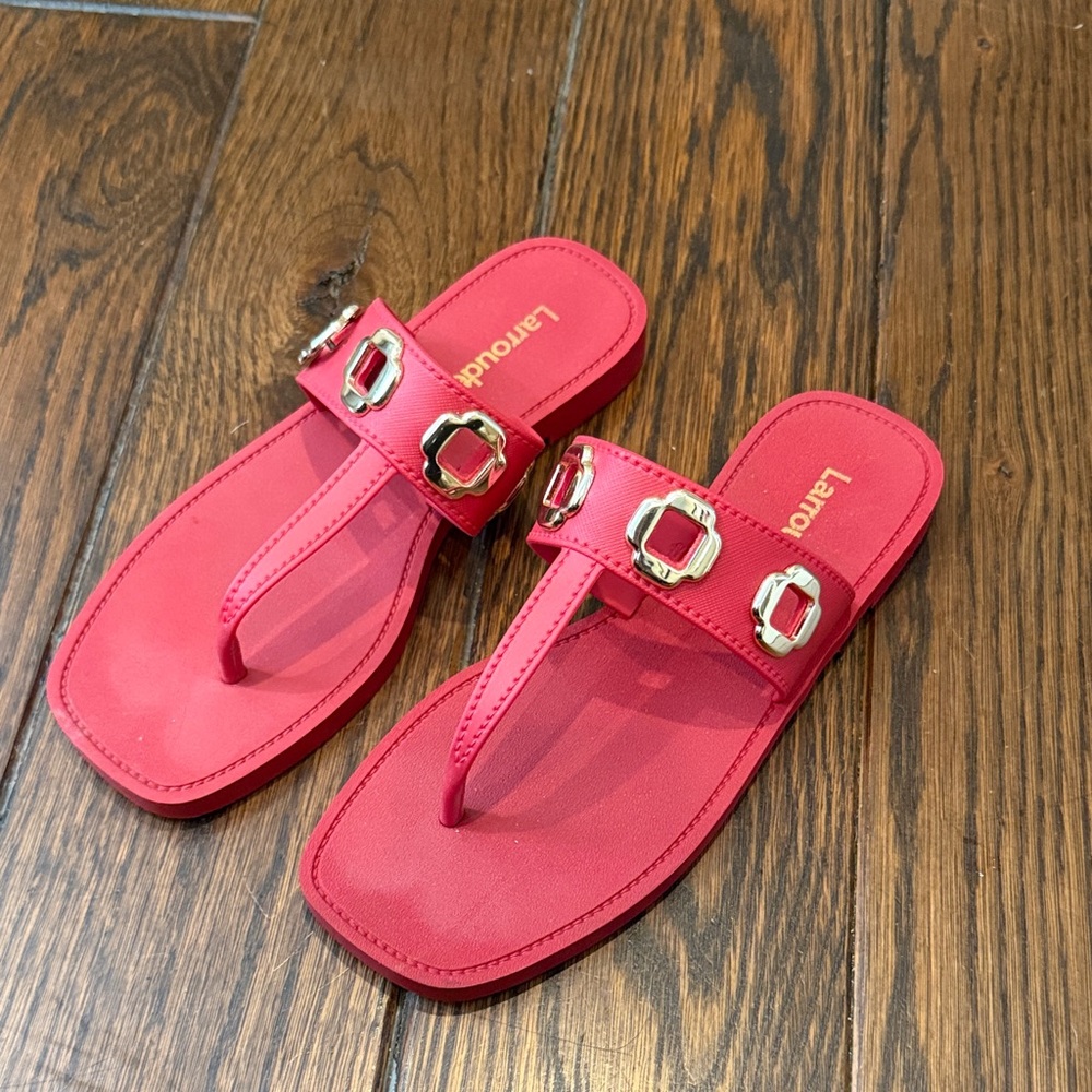 Larroude Pink Thong Sandals with Gold Buckles